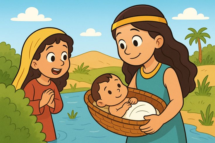 Bunte Clipart-Zeichnung: Zwei junge Frauen stehen vor einem Fluss, eine h&auml;lt ein Baby in einem Korb.